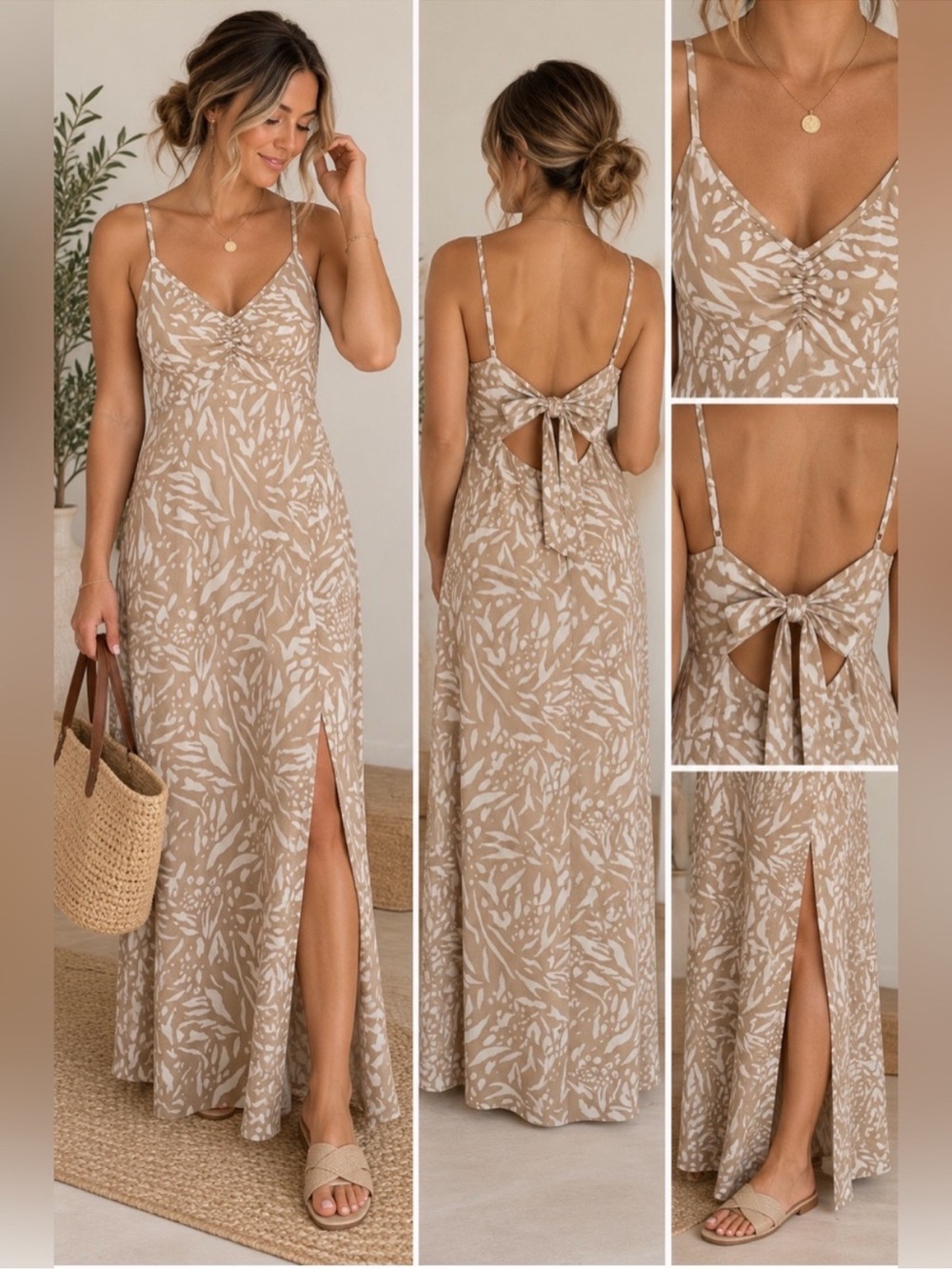 Streetwear Society Beige & White Leaf-Print Tie-Back Maxi Dress